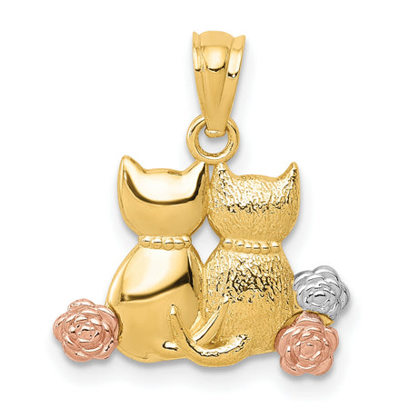 Sitting Cats With Flowers Charm Pendant in Real 14k Multi-Tone Gold