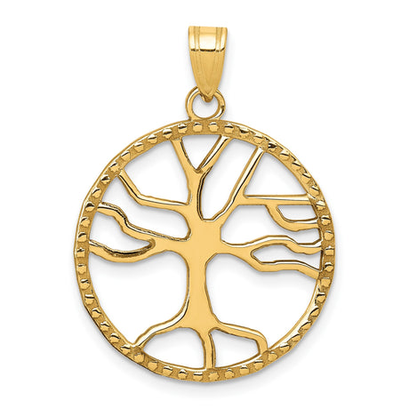 14k Yellow Gold Tree of Life Pendant, Openwork Circular Design with Textured Edge