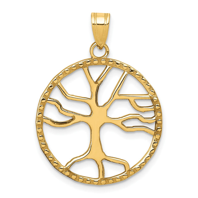 14k Yellow Gold Tree of Life Pendant, Openwork Circular Design with Textured Edge