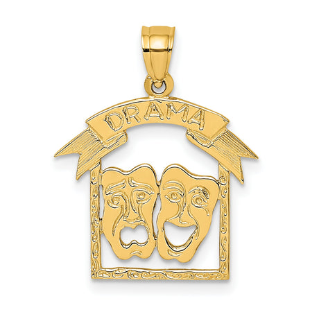 14k Yellow Gold Drama Mask Pendant with Comedy and Tragedy Faces Banner