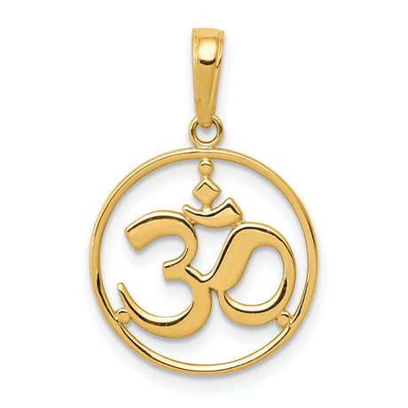 14k Yellow Gold Om Pendant with Cut-Out Round Frame, Spiritual Hindu Symbol Jewelry