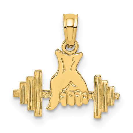 14k Yellow Gold Barbell Pendant with Hand Grip, Fitness and Strength Charm for Men or Women