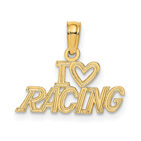14k Yellow Gold I Heart Racing Pendant, Unisex Motorsport Charm with Heart Symbol