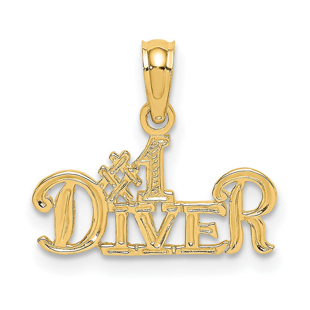 #1 Diver Words Scuba Diving Charm Pendant in Real 14k Yellow Gold