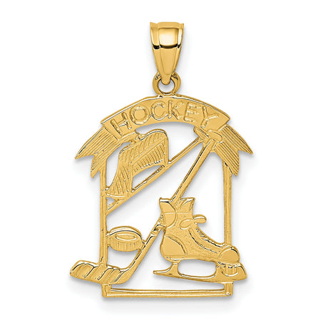 14k Yellow Gold Hockey Pendant with Stick, Puck, Helmet and Skates Cutouts, Sports Charm