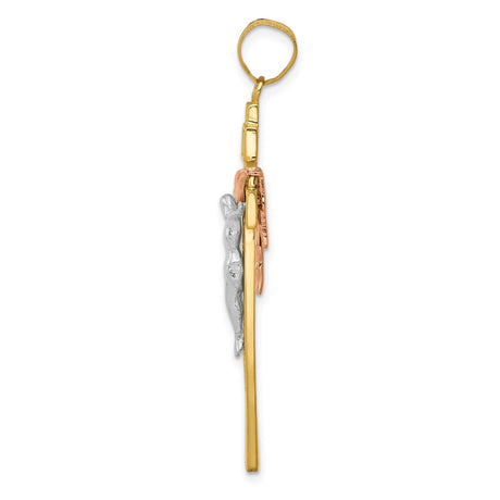 14k Tri-Tone Gold Crucifix Cross Pendant with Draped INRI and Sculpted Jesus Figure