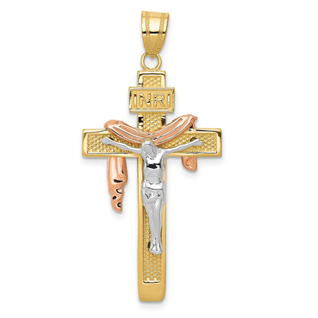 14k Tri-Tone Gold Crucifix Cross Pendant with Draped INRI and Sculpted Jesus Figure