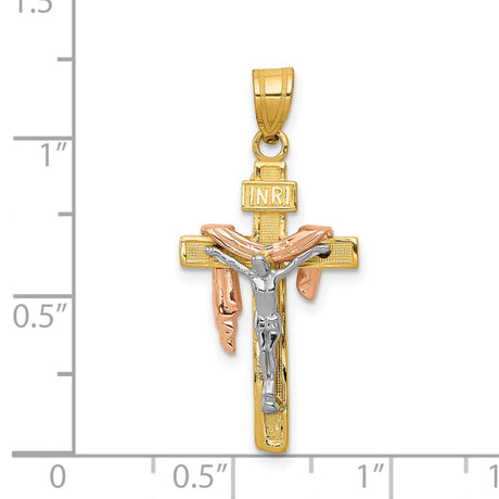 Draped INRI Latin Crucifix Charm Pendant in Real 14k Multi-Tone Gold