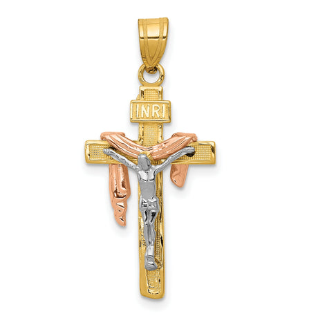 Draped INRI Latin Crucifix Charm Pendant in Real 14k Multi-Tone Gold