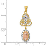 Dangling Our Lady of Guadalupe and Cross Charm Pendant in Real 14k Multi-Tone Gold