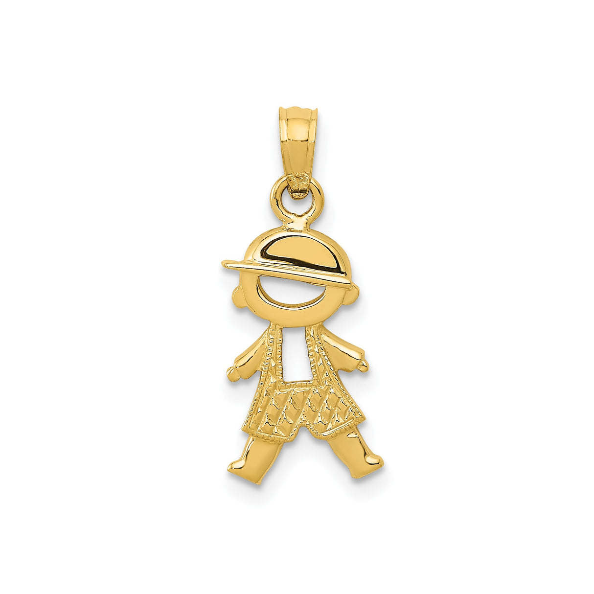 14k Yellow Gold Boy Pendant Charm with Cartoon Hat and Textured Outfit Design