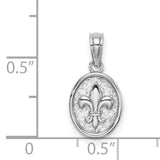 14k White Gold Pendant with Raised Fleur de Lis on Textured Oval Background