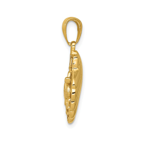 14k Yellow Gold Scallop Shell Pendant with Pomegranate and Leaf Detail, Fertility and Abundance Symbol