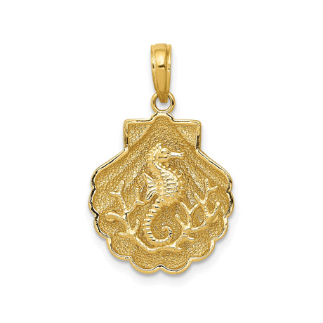 14k Yellow Gold Seahorse Coral Pendant with Textured Seashell Backdrop, Ocean-Inspired Design