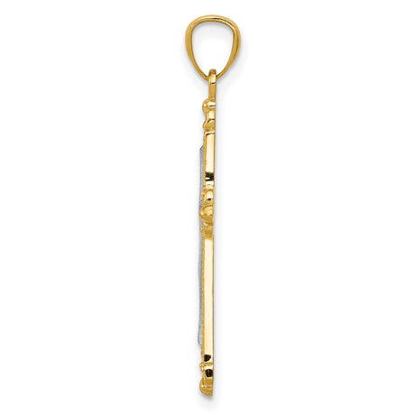 Fleur De Lis Cross With Inset Rhodium Latin Cross Charm Pendant in Real 14k Multi-Tone Gold