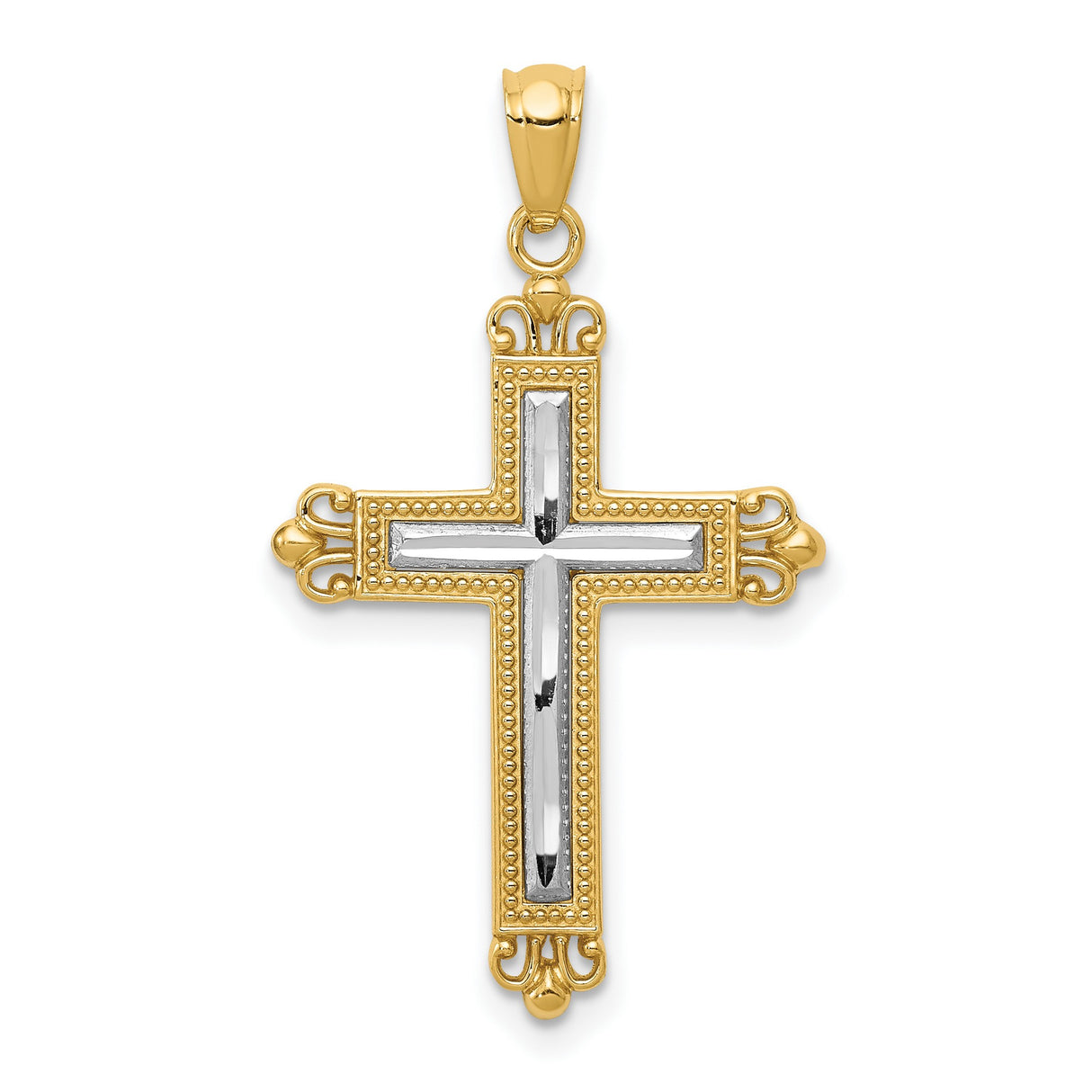 Fleur De Lis Cross With Inset Latin Cross Charm Pendant in Real 14k Multi-Tone Gold