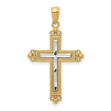 Fleur De Lis Cross With Inset Latin Cross Charm Pendant in Real 14k Multi-Tone Gold