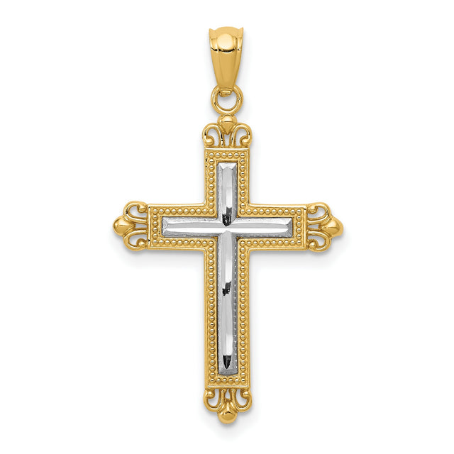 Fleur De Lis Cross With Inset Latin Cross Charm Pendant in Real 14k Multi-Tone Gold