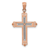 Fleur De Lis Cross With Inset Rhodium Latin Cross Charm Pendant in Real 14k Rose Gold