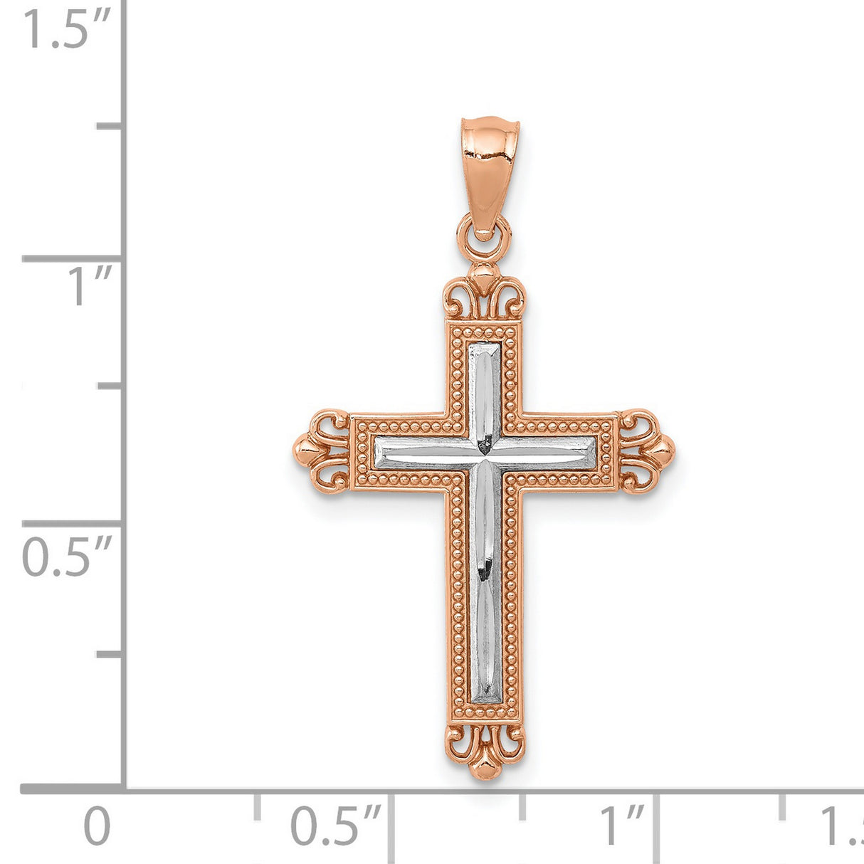 Fleur De Lis Cross With Inset Rhodium Latin Cross Charm Pendant in Real 14k Rose Gold