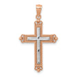 Fleur De Lis Cross With Inset Rhodium Latin Cross Charm Pendant in Real 14k Rose Gold