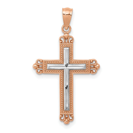 Fleur De Lis Cross With Inset Rhodium Latin Cross Charm Pendant in Real 14k Rose Gold