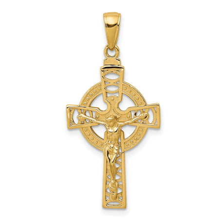 14k Yellow Gold Crucifix Pendant with Jesus Christ, Celtic Christian Faith Design for Men and Women