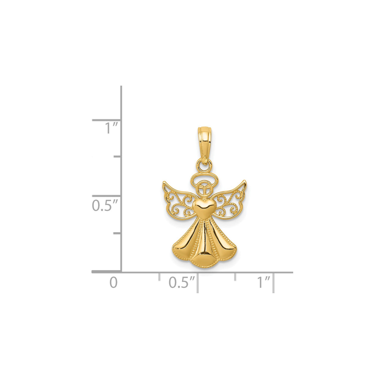 14k Yellow Gold Angel Pendant with Heart Center and Filigree Wings, Religious Charm for Women