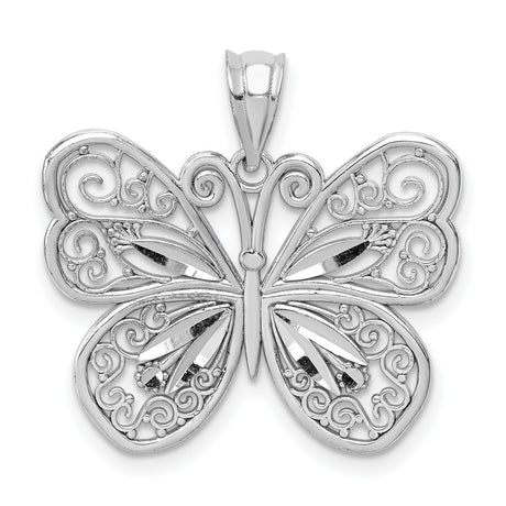 14k White Gold Butterfly Pendant with Filigree Detailing, Nature-Inspired Charm for Women