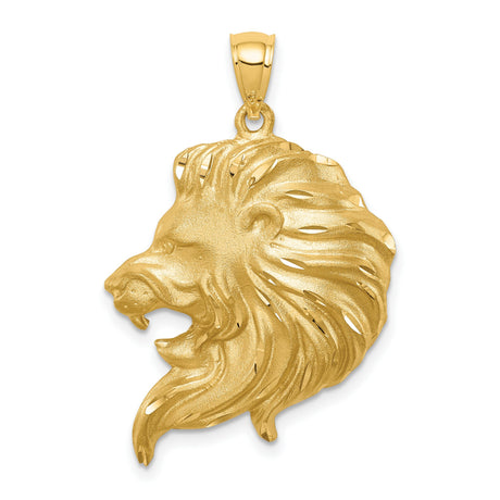 Brushed Diamond-cut Lion Head Charm Pendant in Real 14k Yellow Gold