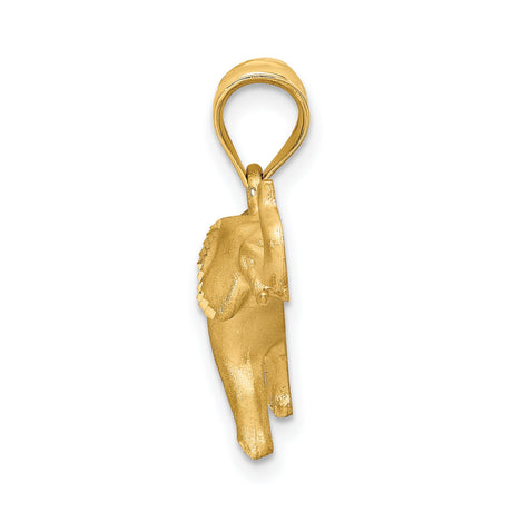 14k Yellow Gold Elephant Pendant, Textured Raised Trunk Animal Charm Symbolizing Luck and Wisdom