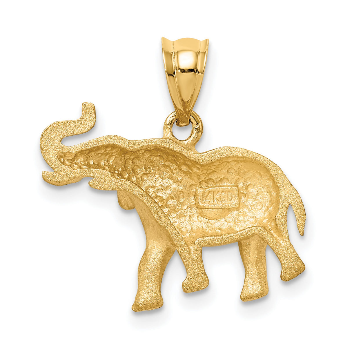 14k Yellow Gold Elephant Pendant, Textured Raised Trunk Animal Charm Symbolizing Luck and Wisdom