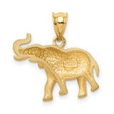 14k Yellow Gold Elephant Pendant, Textured Raised Trunk Animal Charm Symbolizing Luck and Wisdom