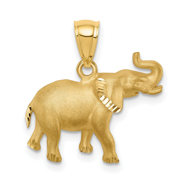 14k Yellow Gold Elephant Pendant, Textured Raised Trunk Animal Charm Symbolizing Luck and Wisdom