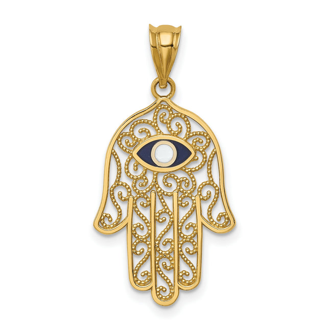 Polished and Enameled Hamsa Charm Pendant in Real 14k Yellow Gold