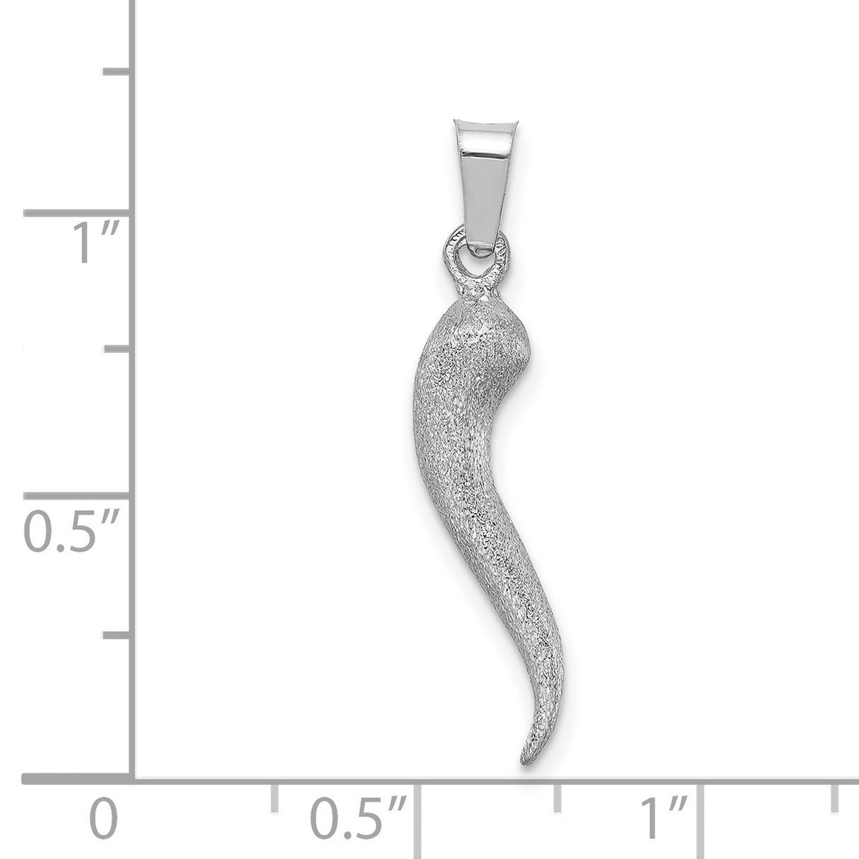 14k White Gold Italian Horn Pendant, Textured Satin Cornicello Charm for Luck and Protection