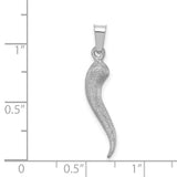 14k White Gold Italian Horn Pendant, Textured Satin Cornicello Charm for Luck and Protection