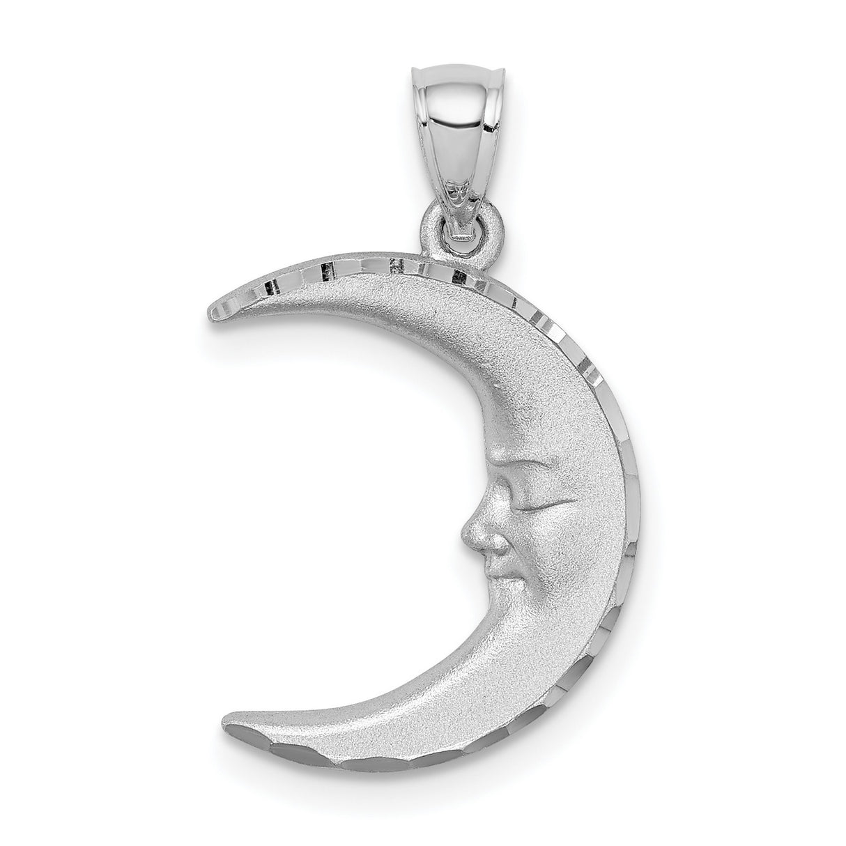 14k White Gold Crescent Moon Pendant with Serene Face, Celestial Lunar Design
