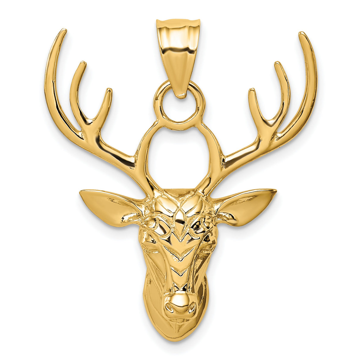 14k Yellow Gold Deer Head Pendant with Antlers and Tribal Engraving