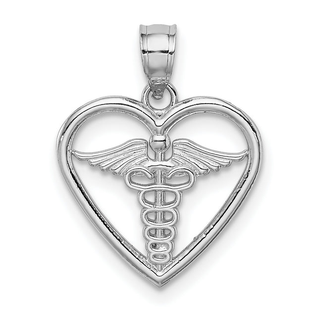 14k White Gold Heart Shaped Caduceus Pendant with Intertwined Serpents and Wings