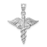 14k White Gold Caduceus Pendant with Winged Staff and Entwined Snakes, Unisex Medical Symbol