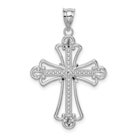 14k White Gold Diamond Cut Textured Cross Pendant with Polished Finish for Men and Women