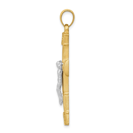 14k Multi-Tone Gold Crucifix Cross Pendant with Greek Key Design for Men and Women
