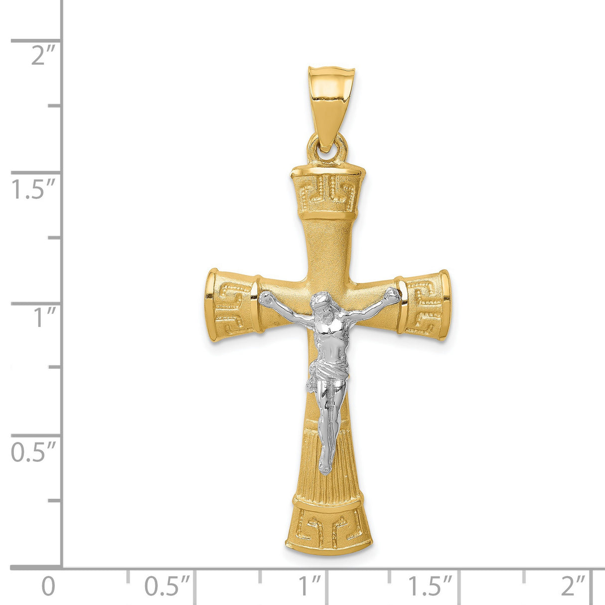 Brushed Greek Key Crucifix Charm Pendant in Real 14k Multi-Tone Gold