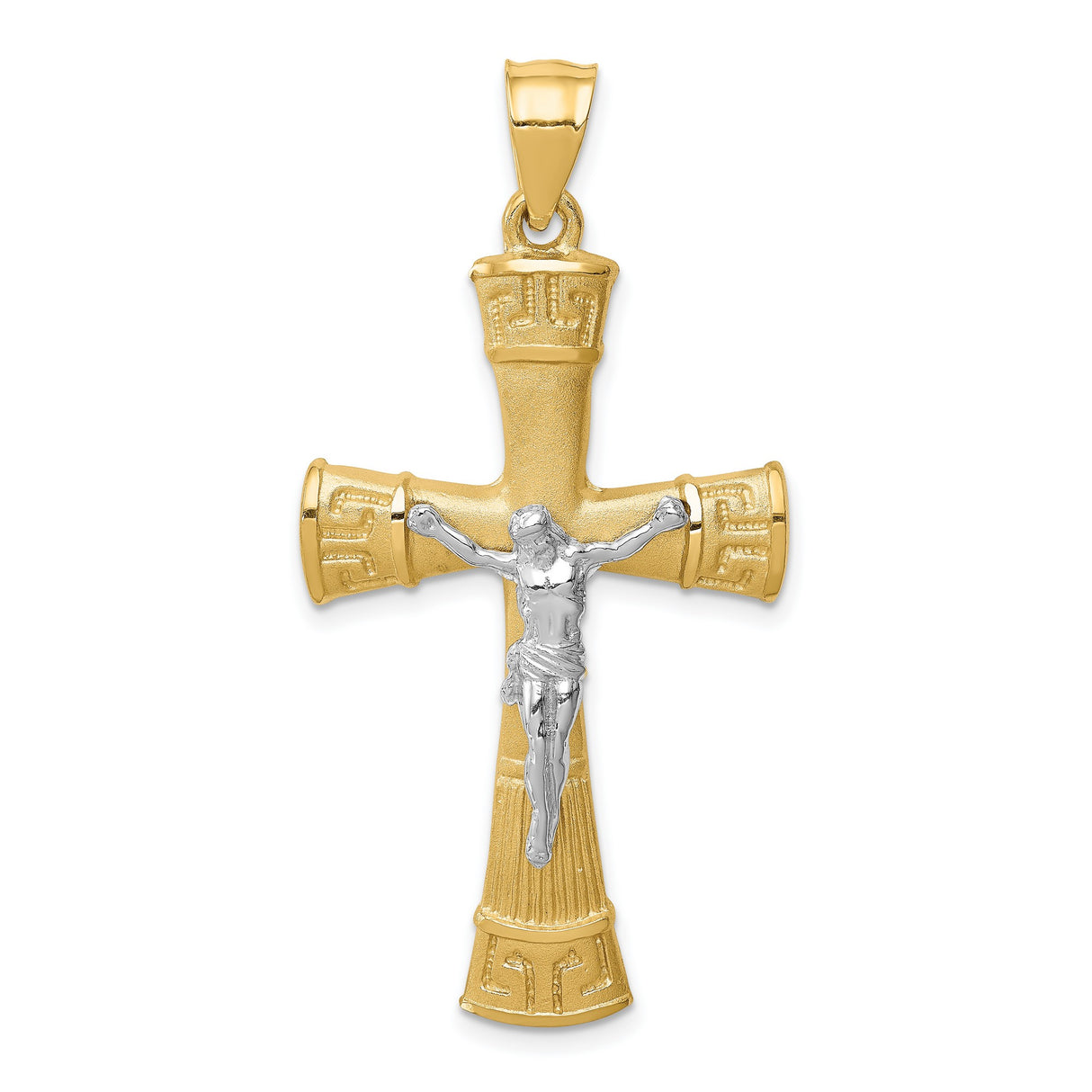 Brushed Greek Key Crucifix Charm Pendant in Real 14k Multi-Tone Gold