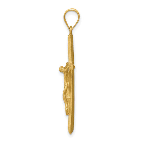 14k Yellow Gold Crucifix Cross Pendant with Polished Finish and Diamond-Cut Textured Jesus Design