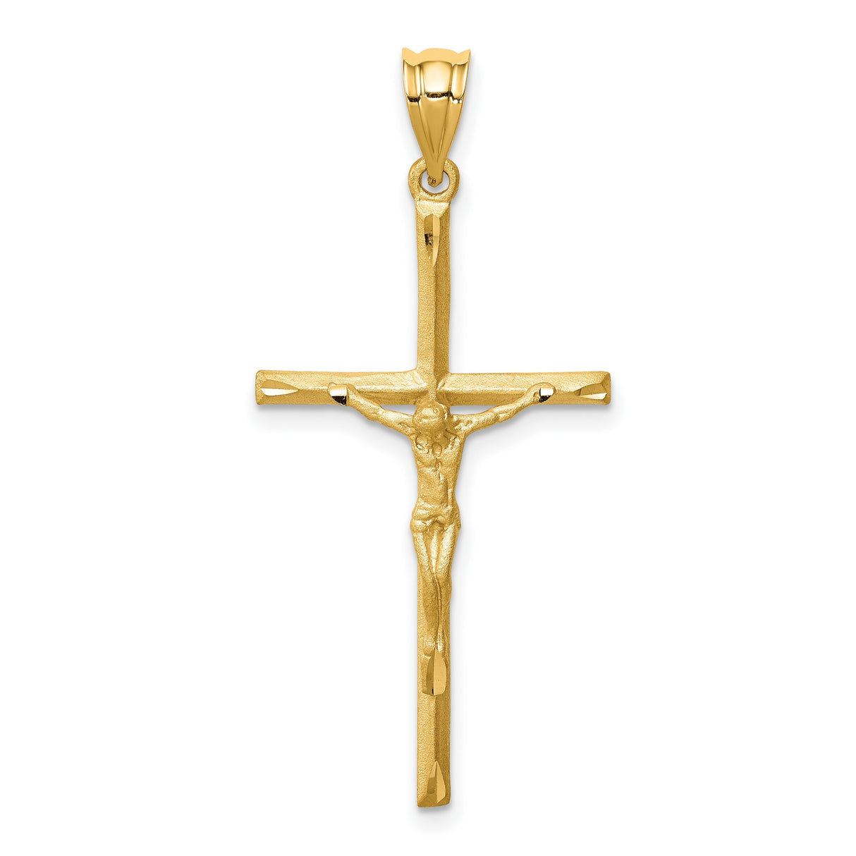 14k Yellow Gold Crucifix Cross Pendant with Polished Finish and Diamond-Cut Textured Jesus Design
