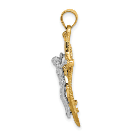 14k Two-Tone Gold Mariner Cross Pendant with Satin and High Polish Finish Rope Anchor Design