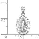 14k White Gold Miraculous Medal Pendant Featuring Virgin Mary and Inscription