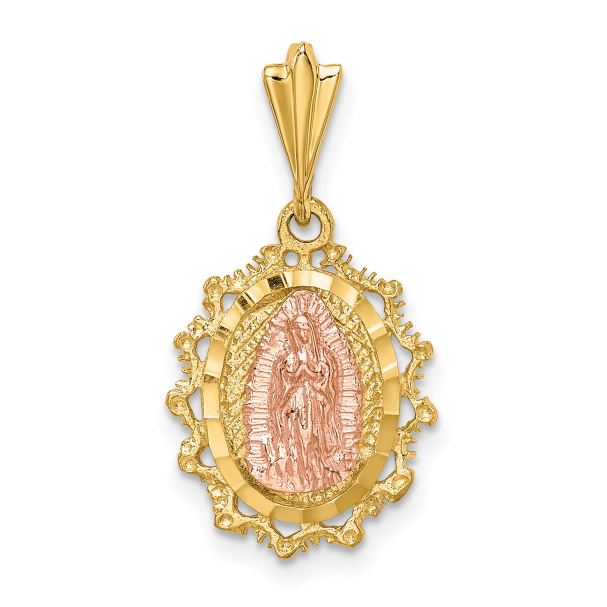 Our Lady of Guadalupe Accented Border Charm Pendant in Real 14k Multi-Tone Gold